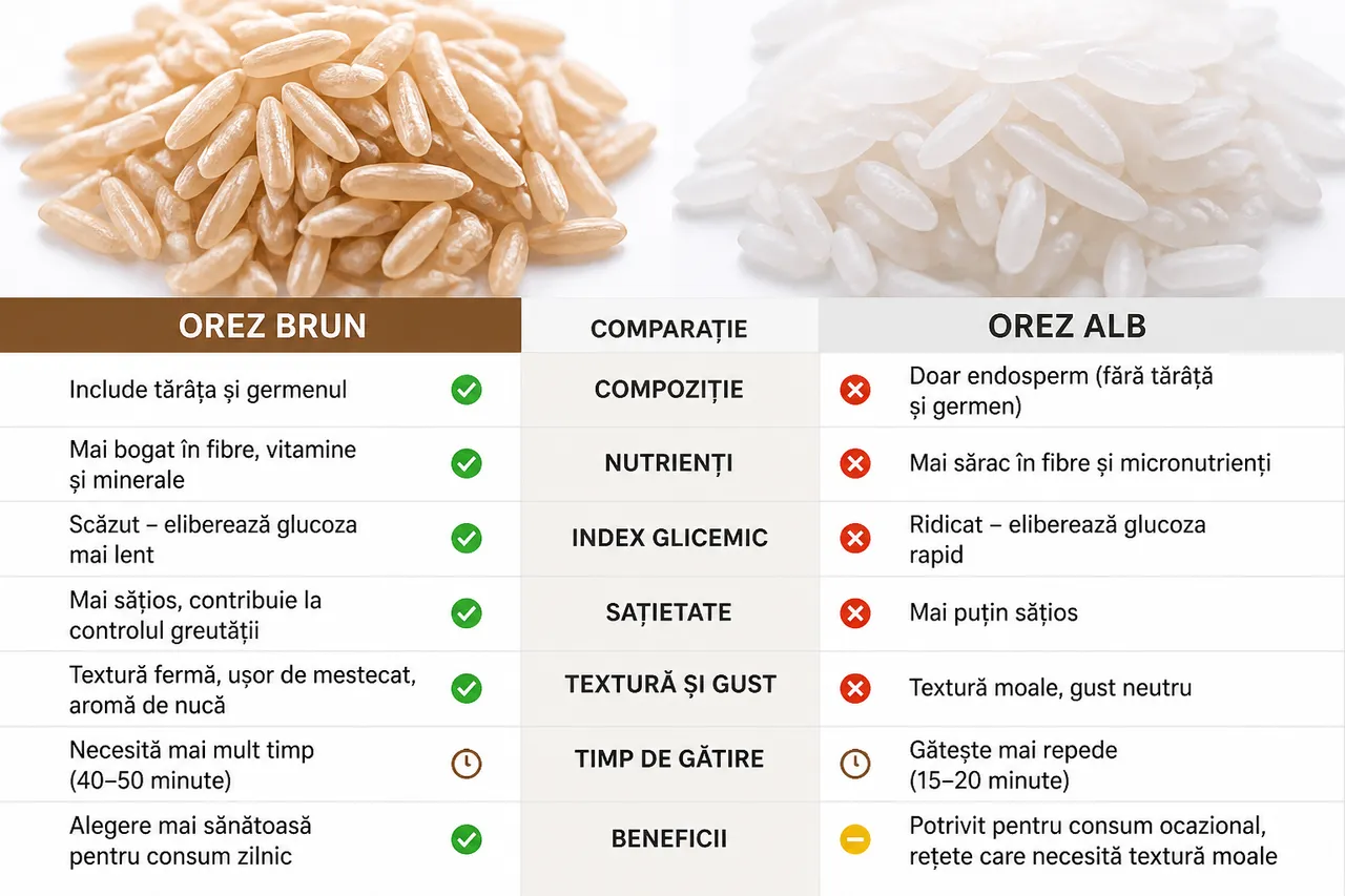 comparație orez brun orez alb nutrienți