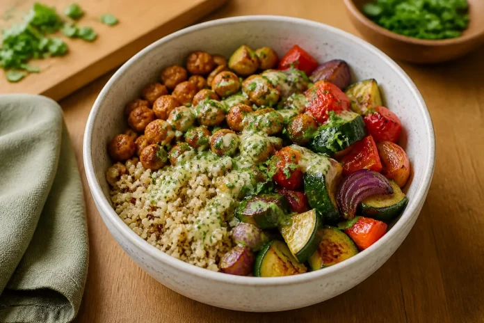 Bol cu quinoa, năut și legume coapte pentru un prânz rapid și echilibrat Bol cu quinoa, năut și legume coapte pentru un prânz rapid și echilibrat