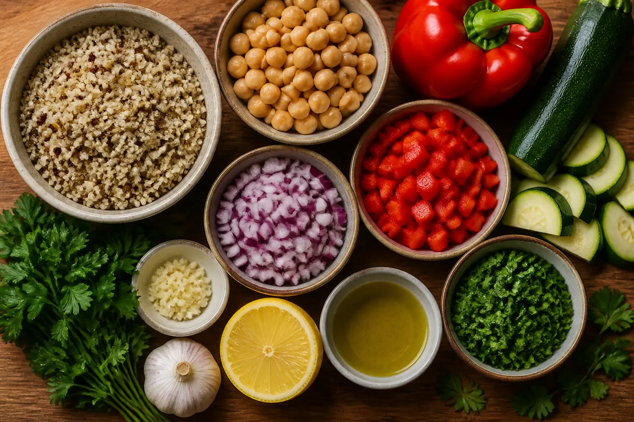 ingrediente pentru bol cu quinoa, năut și legume coapte