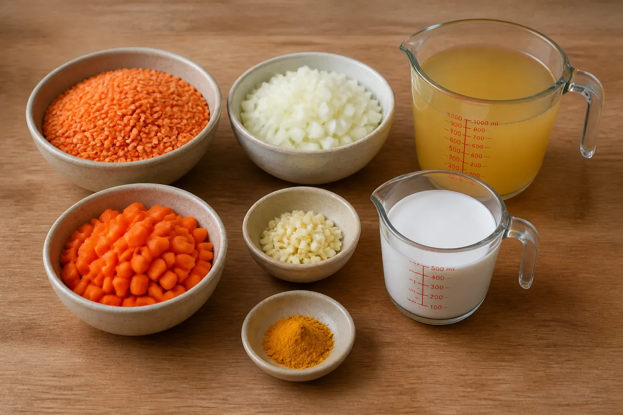 ingrediente pentru supă cremă de linte roșie cu turmeric