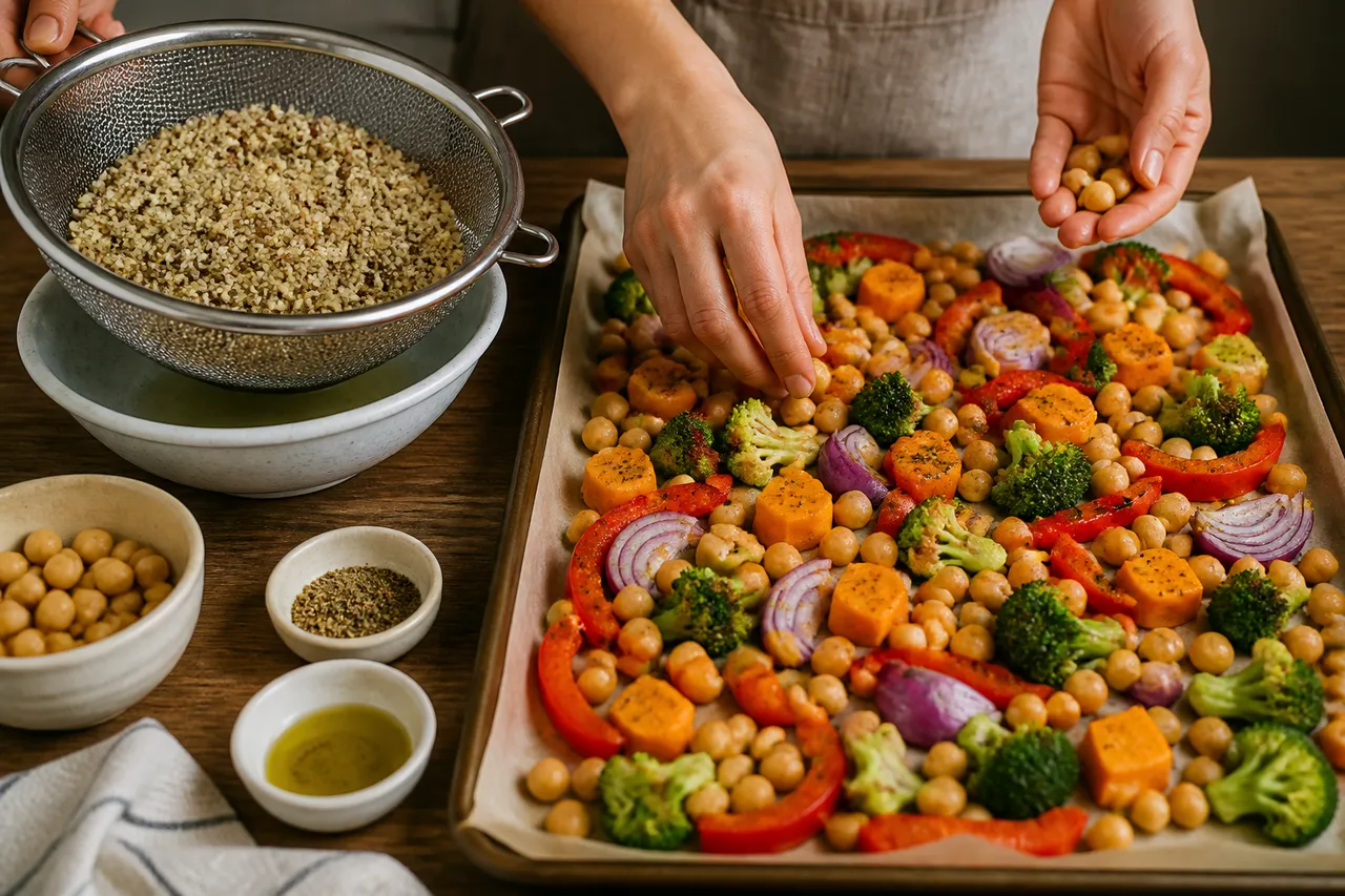preparare bol cu quinoa năut și legume la cuptor