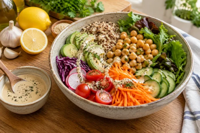 Dressing cu tahini pentru salate și boluri cu lămâie și usturoi