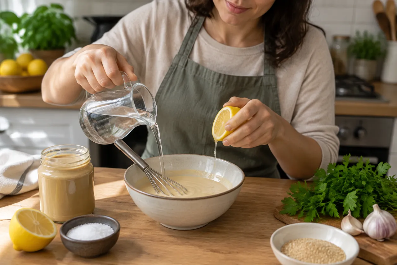 preparare și ajustare dressing cremos de tahini