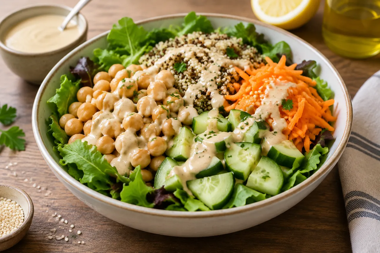 salată echilibrată cu tahini și legume pentru prânz